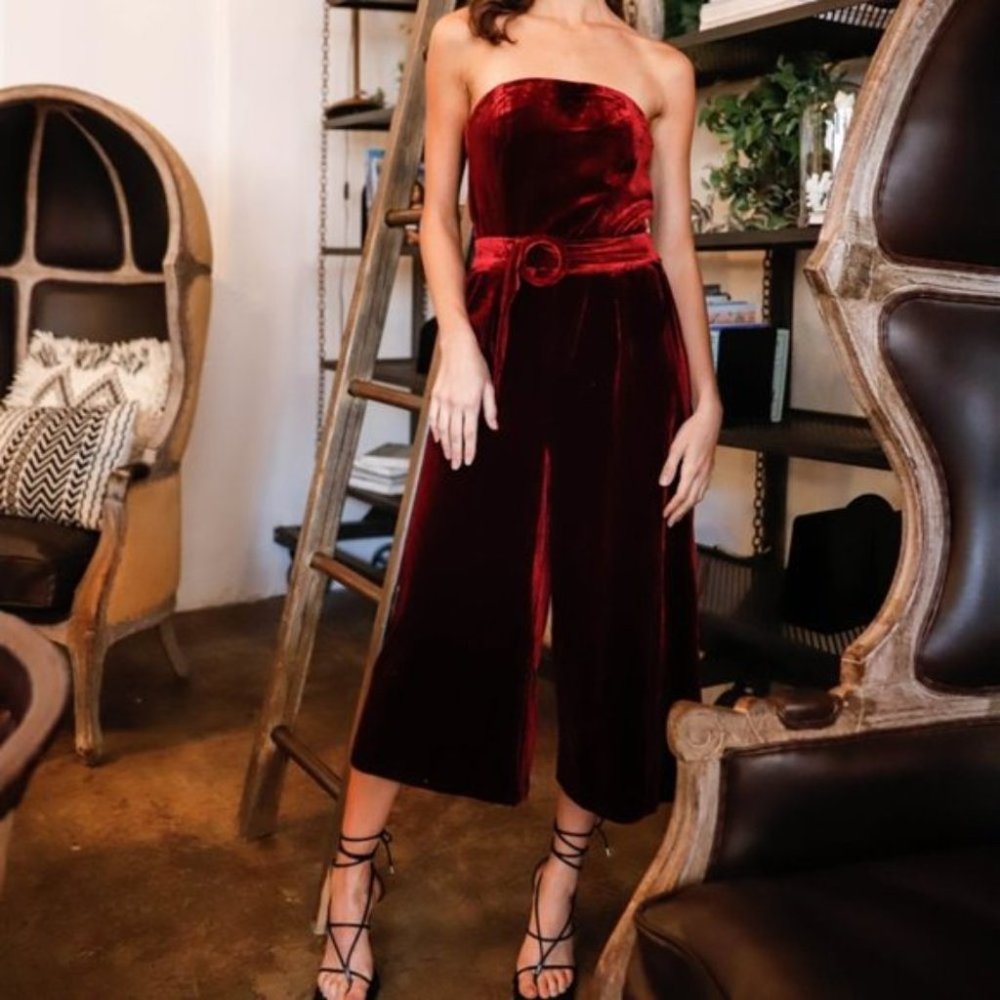 boho burgundy Strapless Front Buckle Belt Jumpsuit - Picture 4 of 7